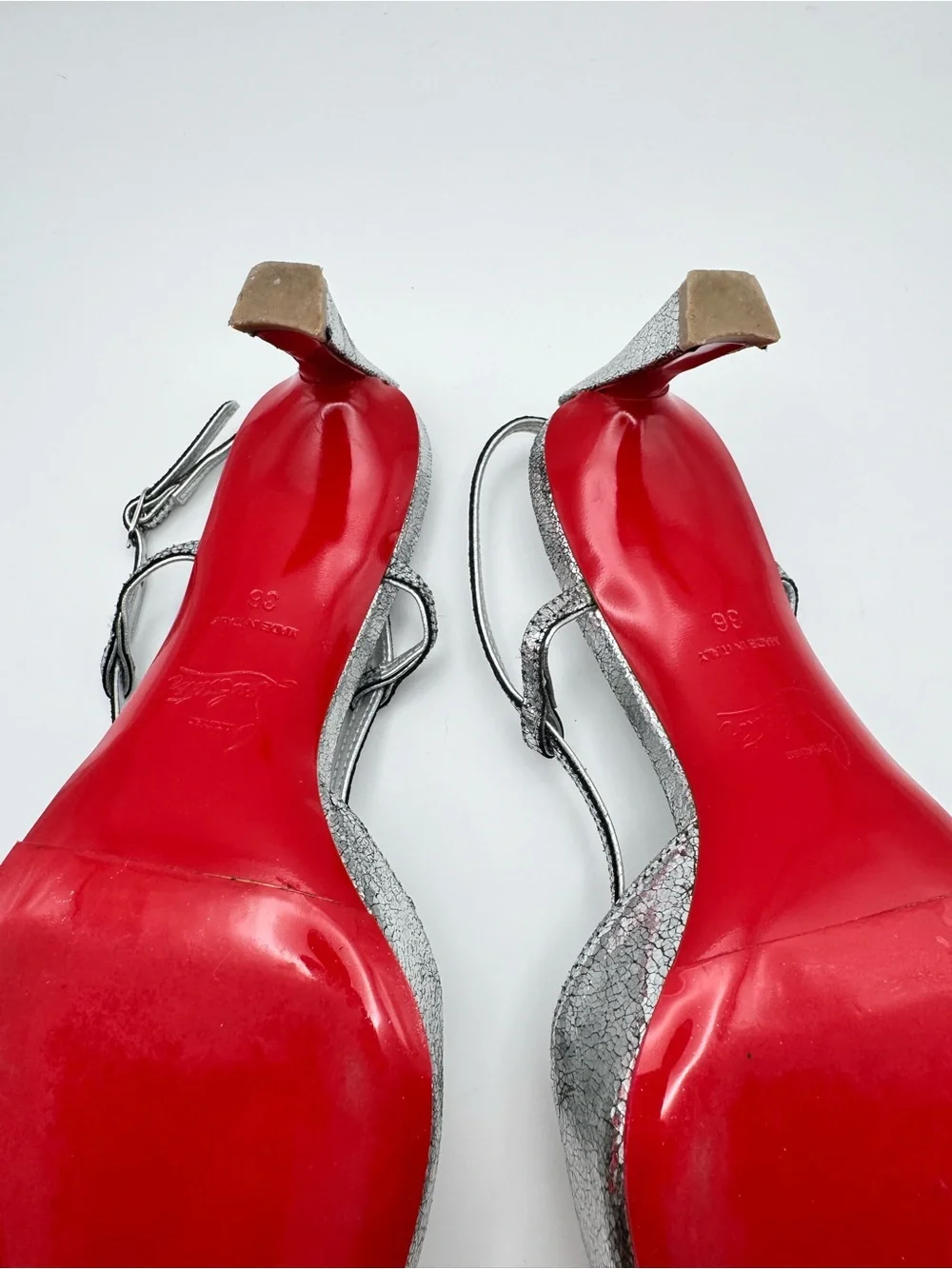 Christian Louboutin Condoroline 55 Silver Crackled Slingbacks EU 36